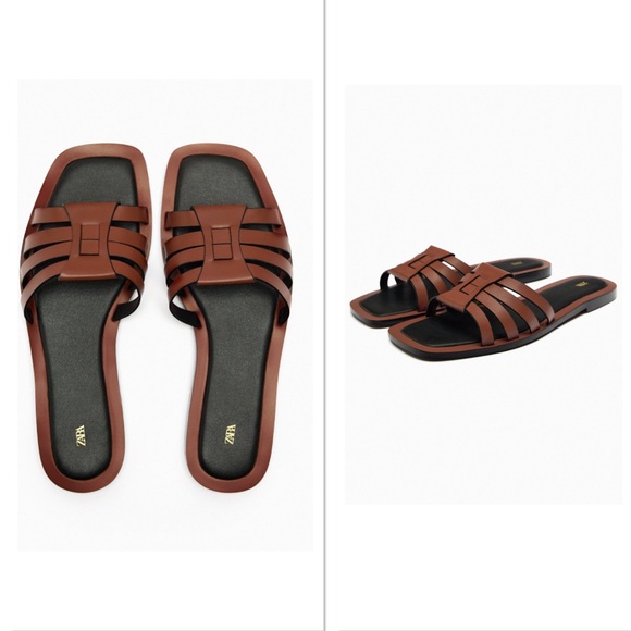 Zara Square Toe Crossed Straps Flat Leather Fisherman Sandals Sz:7.5 Brown - Picture 4 of 10